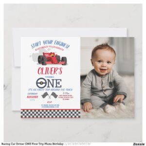 Racing Car Driver ONE First Trip Photo Birthday  Invitation