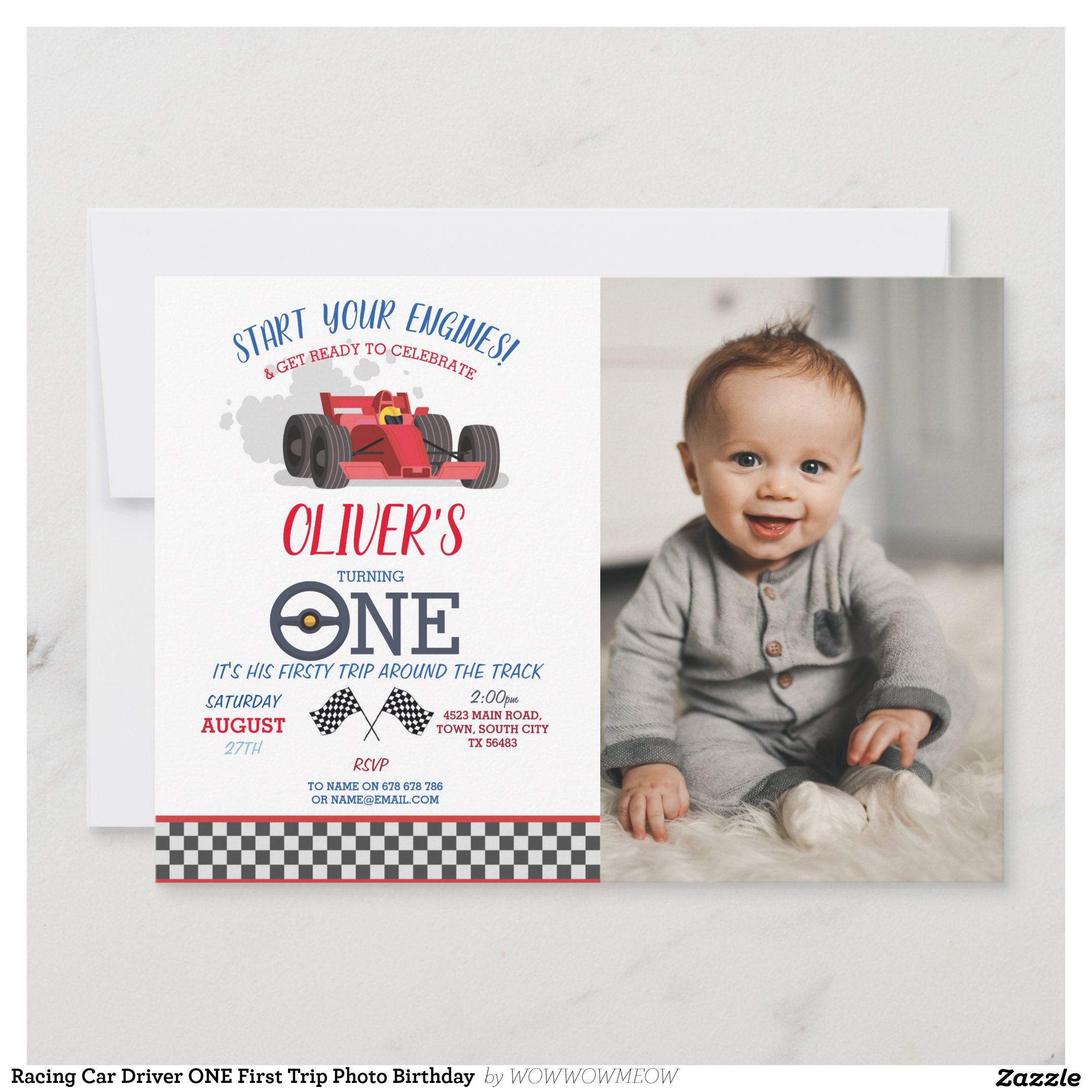 Racing Car Driver ONE First Trip Photo Birthday  Invitation