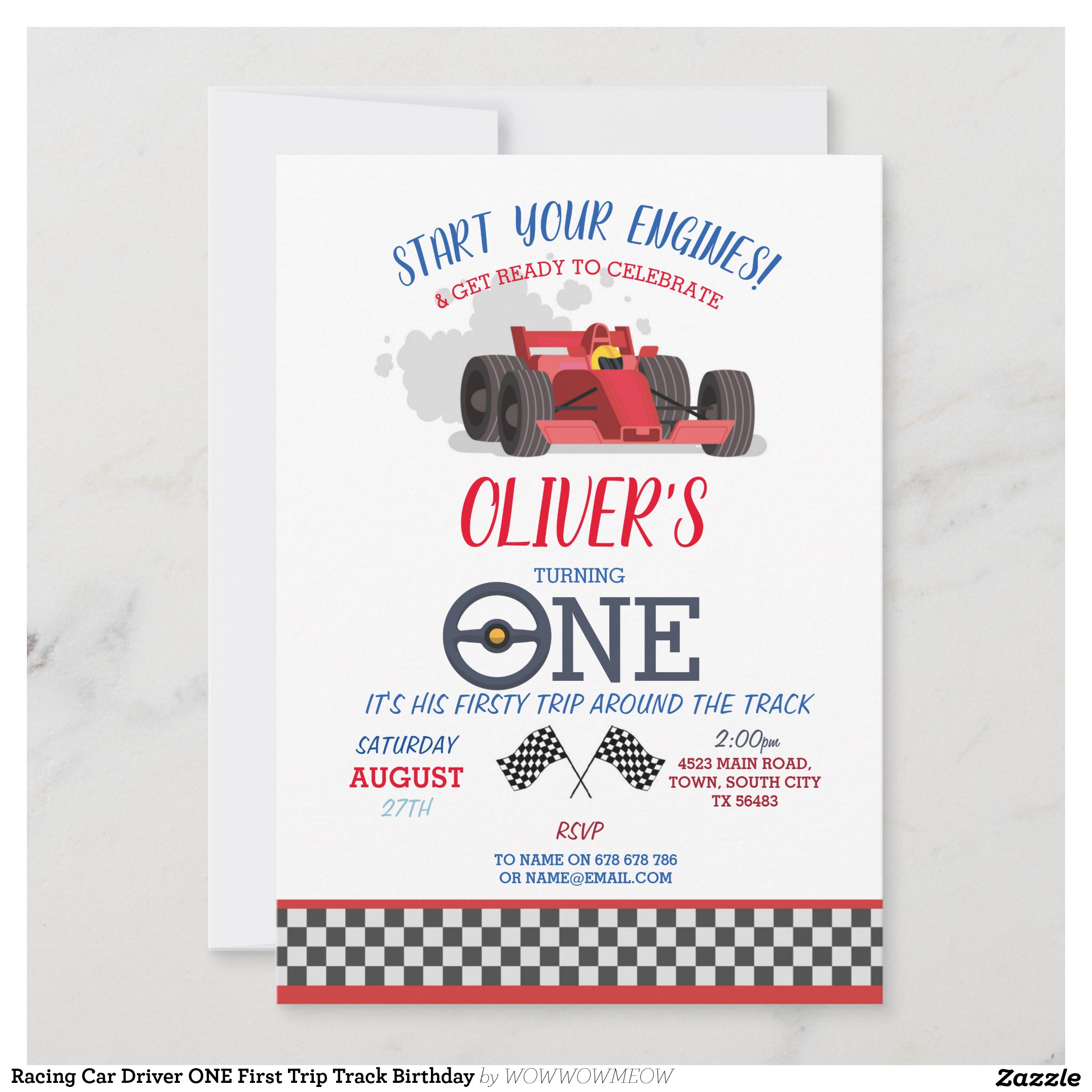 Racing Car Driver ONE First Trip Track Birthday Invitation