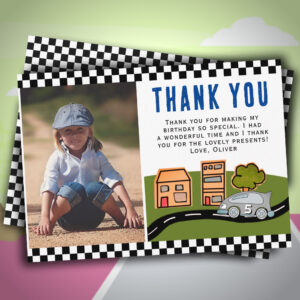 Racing Car on Road Boy Photo Birthday  Thank You Card