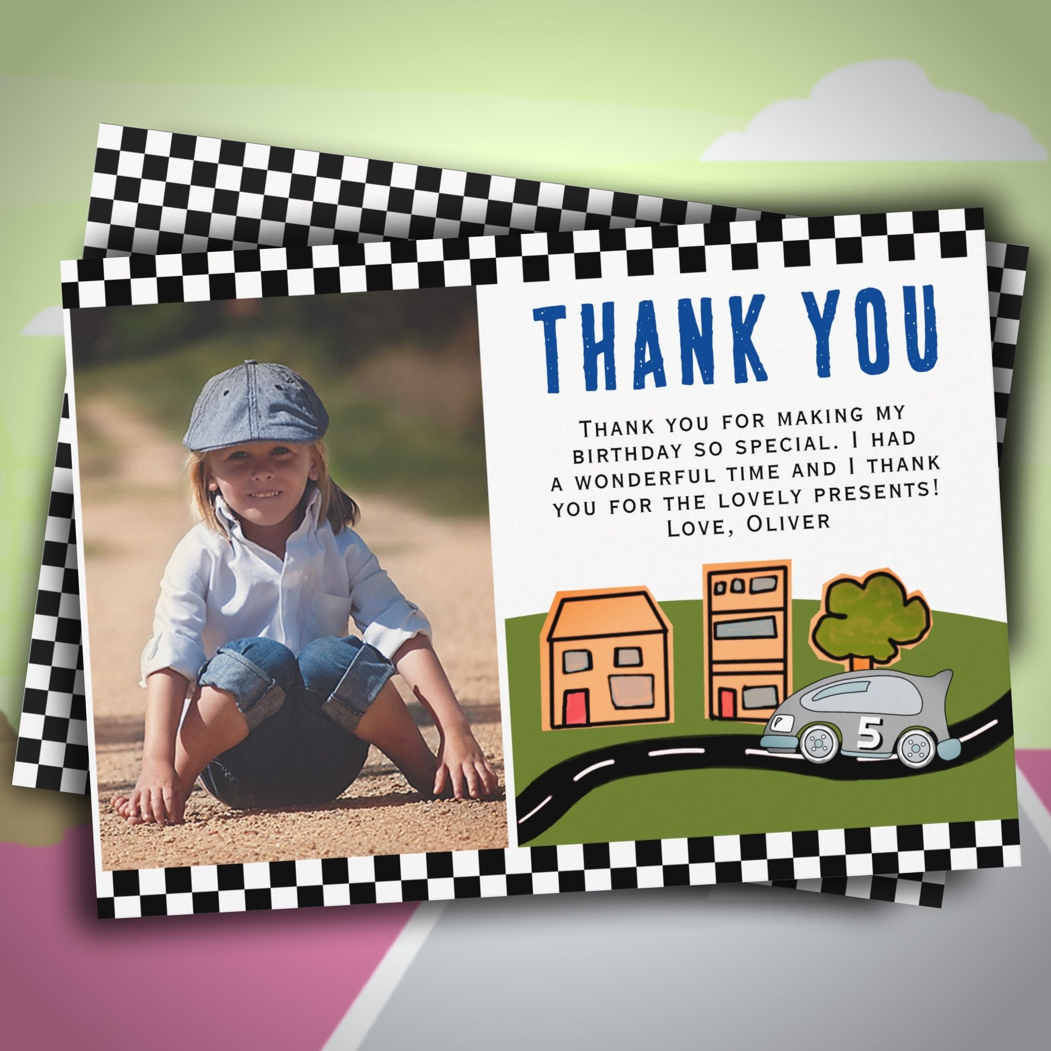 Racing Car on Road Boy Photo Birthday  Thank You Card
