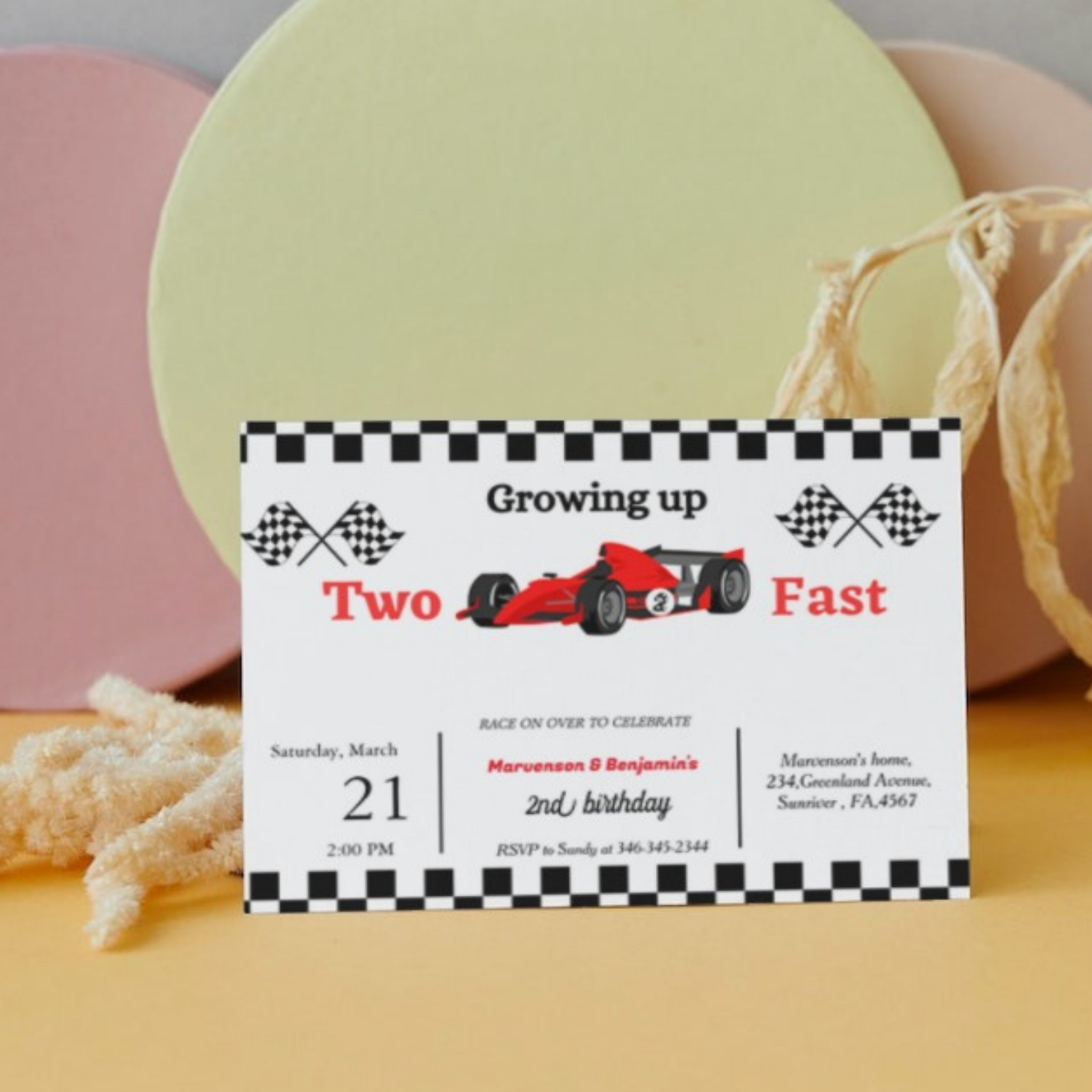 Racing cars bithday twin boys growing up two fast invitation