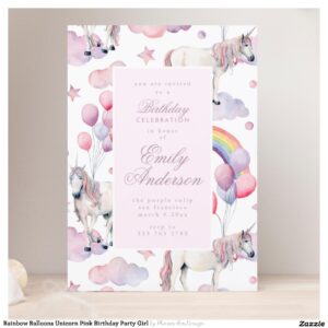 Rainbow Balloons Unicorn Pink Birthday Party Girl Invitation