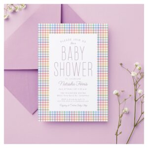 Rainbow gingham plaid cute pastel baby shower invitation