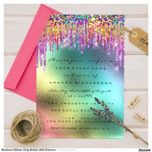 Rainbow Glitter Drip Bridal 16th Unicorn  Invitation