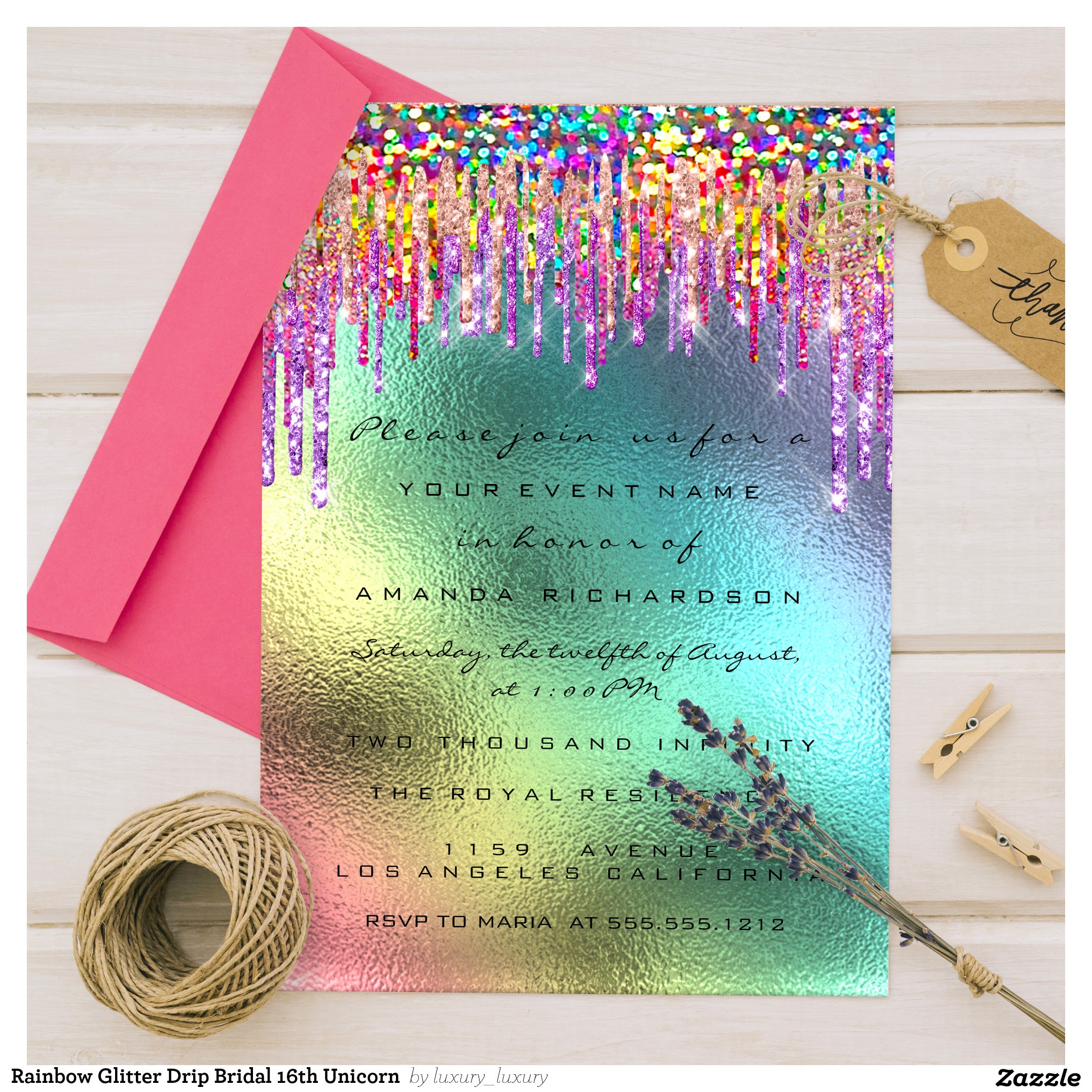 Rainbow Glitter Drip Bridal 16th Unicorn  Invitation