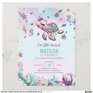 Rainbow Under the Sea Turtle Coral Birthday Party Invitation