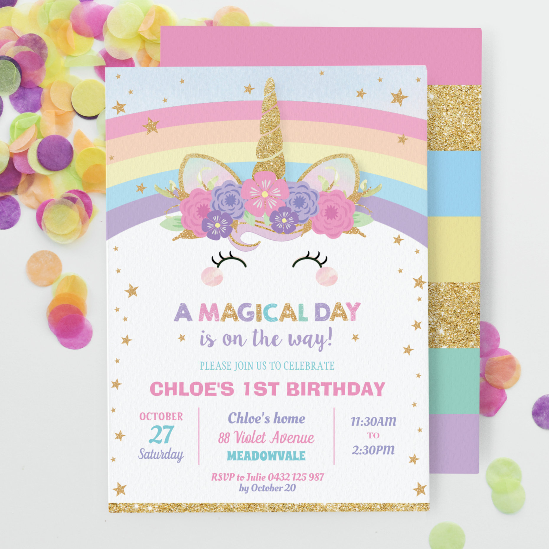 Rainbow Unicorn Birthday Party Girl Invitation