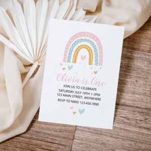Rainbows and Hearts First Birthday Invite Pastel