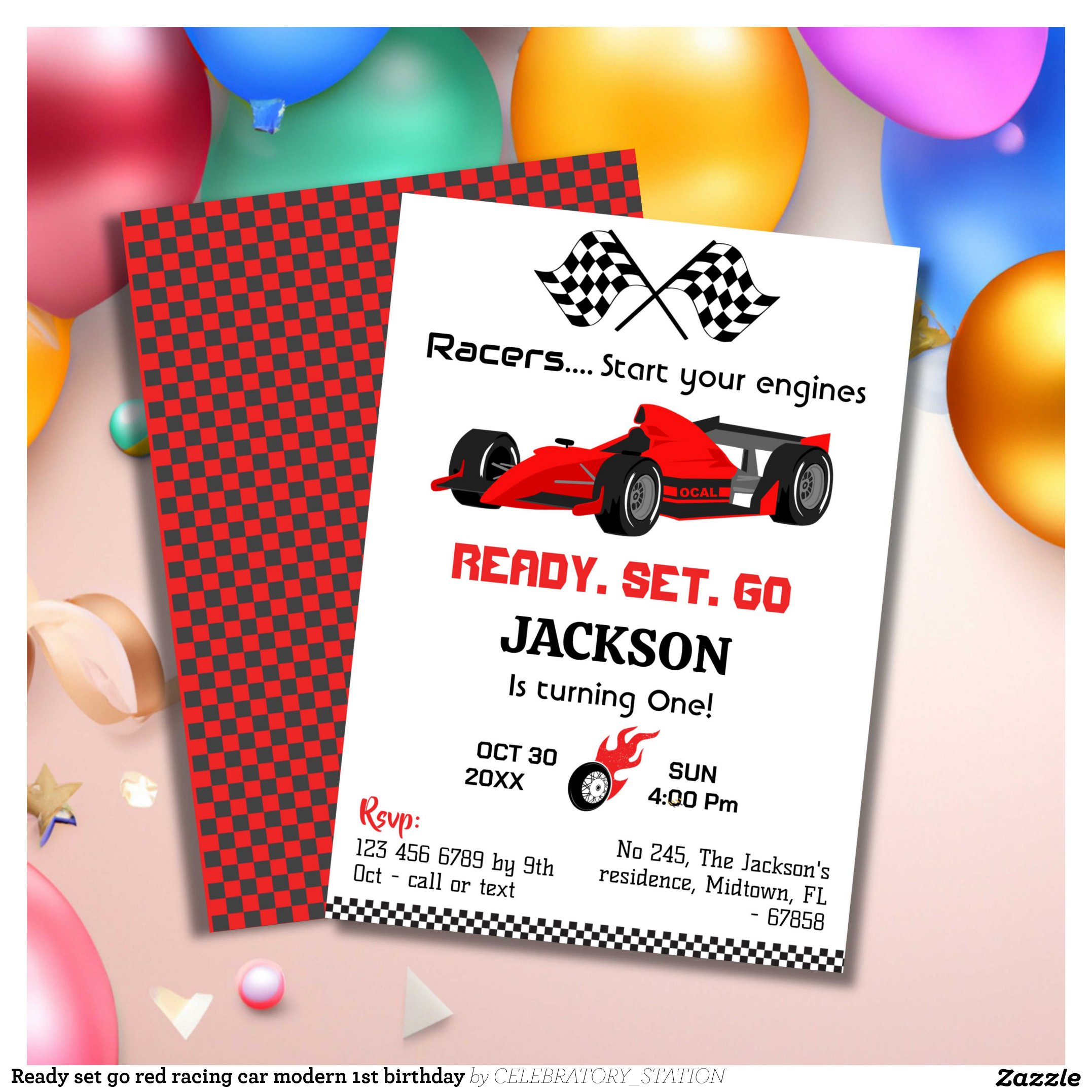 Ready set go red racing car modern 1st birthday invitation