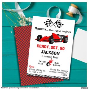 Ready set go red racing car modern 2nd birthday invitation