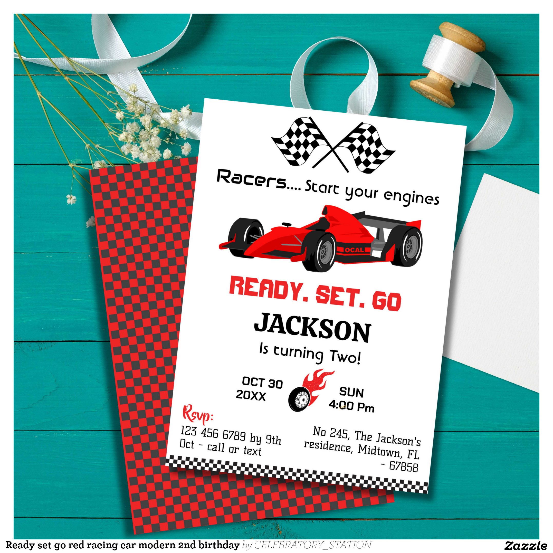Ready set go red racing car modern 2nd birthday invitation