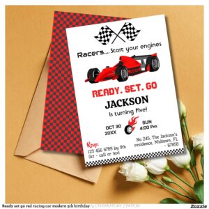 Ready set go red racing car modern 5th birthday invitation