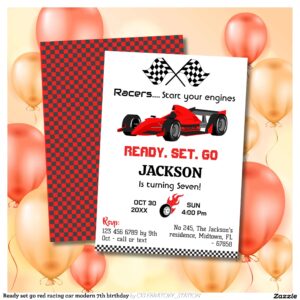Ready set go red racing car modern 7th birthday invitation