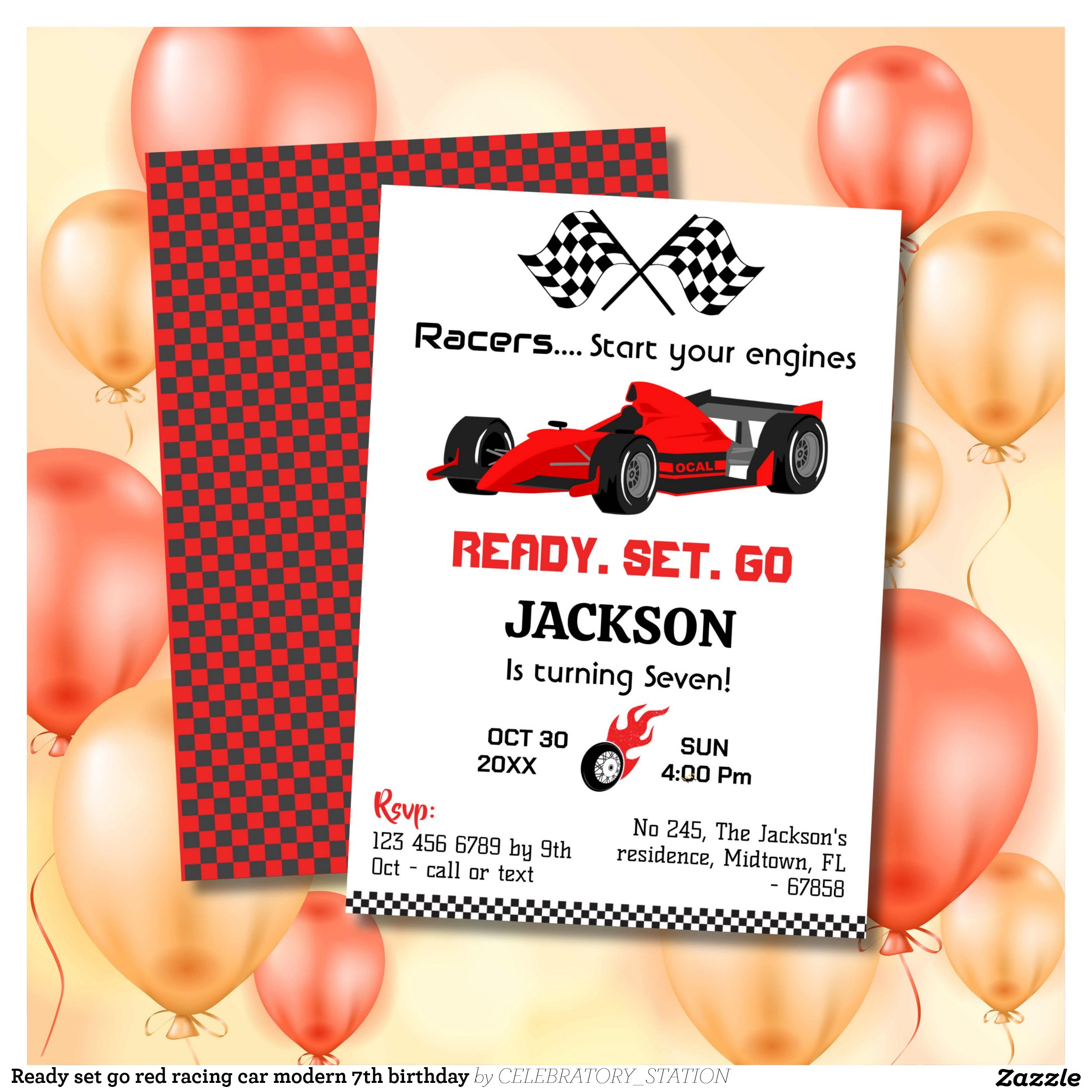 Ready set go red racing car modern 7th birthday invitation