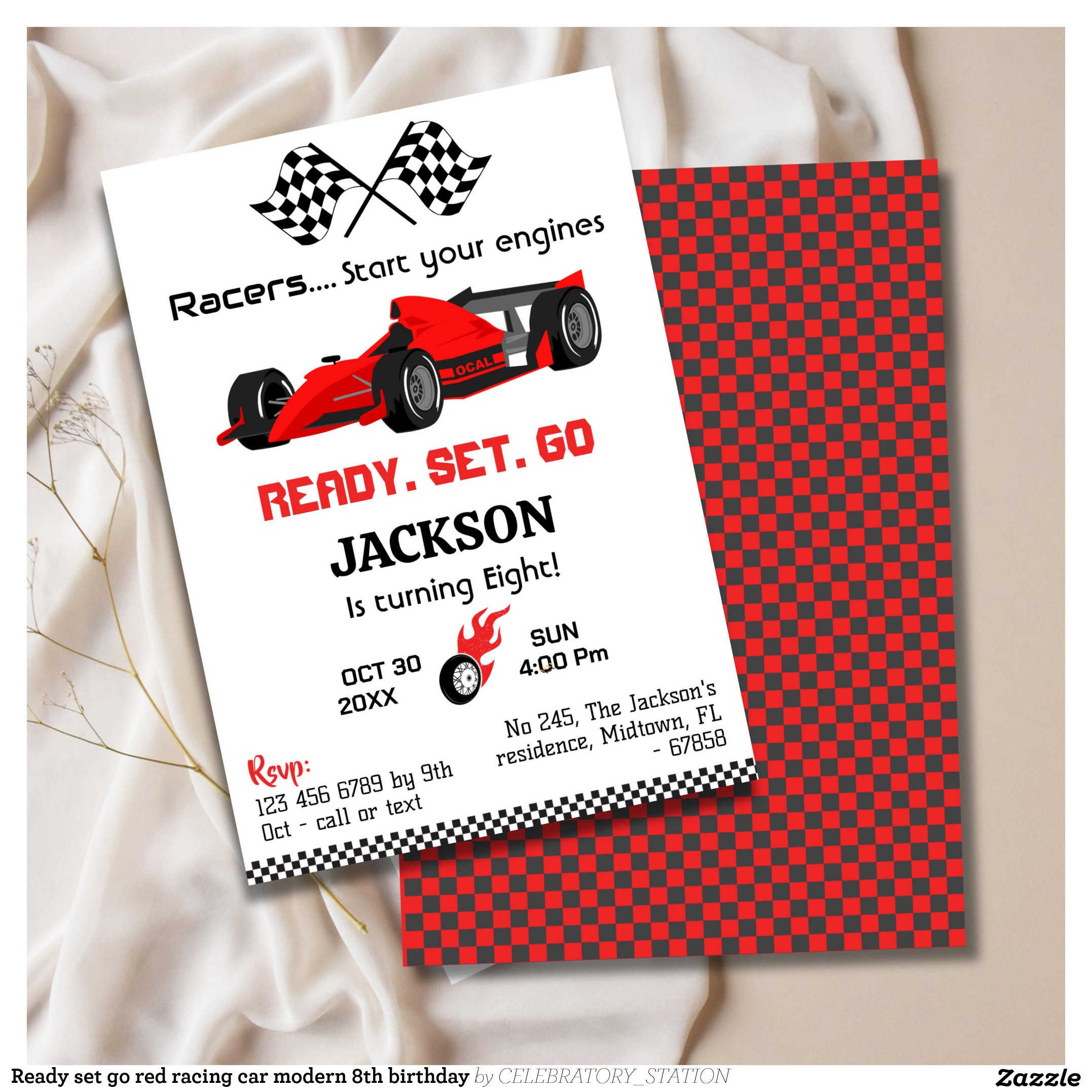Ready set go red racing car modern 8th birthday invitation