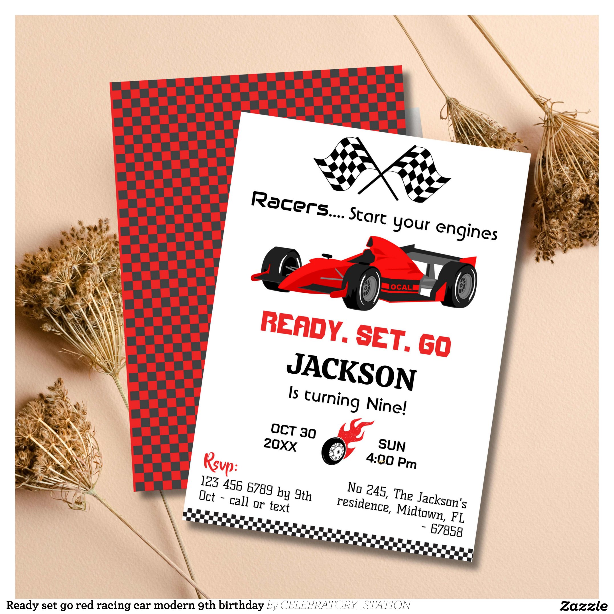 Ready set go red racing car modern 9th birthday invitation