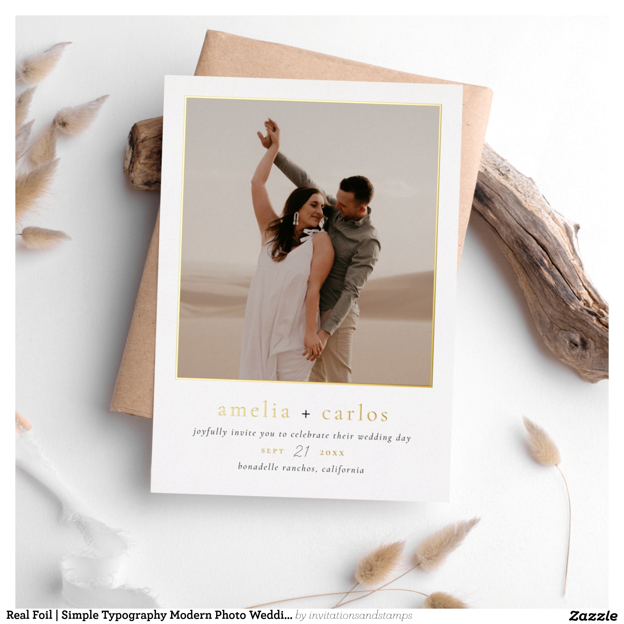 Real Foil   Simple Typography Modern Photo Wedding Foil Invitation