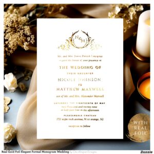 Real Gold Foil Elegant Formal Monogram Wedding Foil Invitation