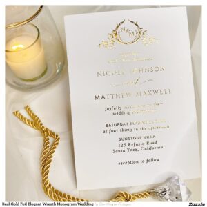 Real Gold Foil Elegant Wreath Monogram Wedding Foil Invitation