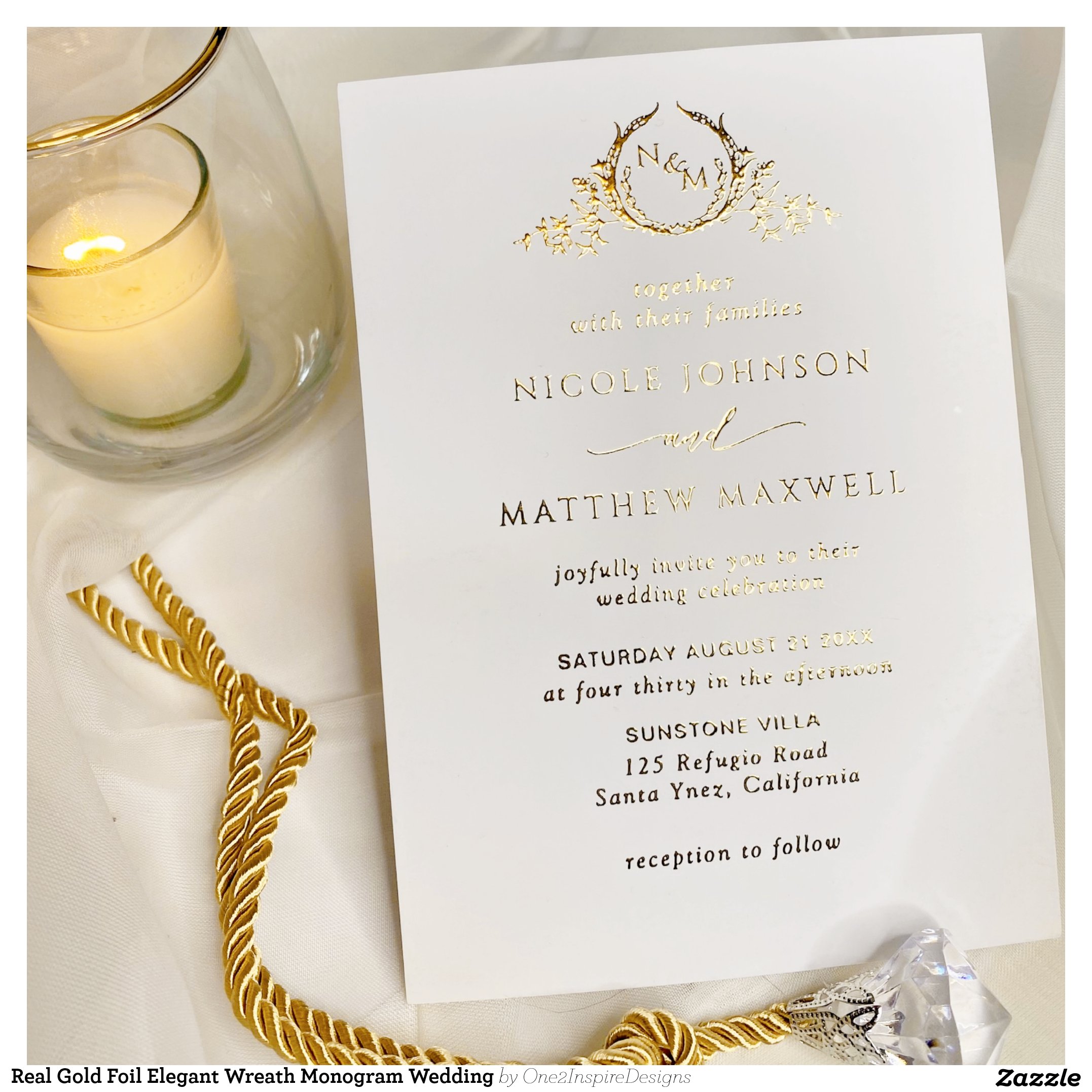 Real Gold Foil Elegant Wreath Monogram Wedding Foil Invitation