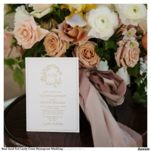 Real Gold Foil Leafy Crest Monogram Wedding Foil Invitation