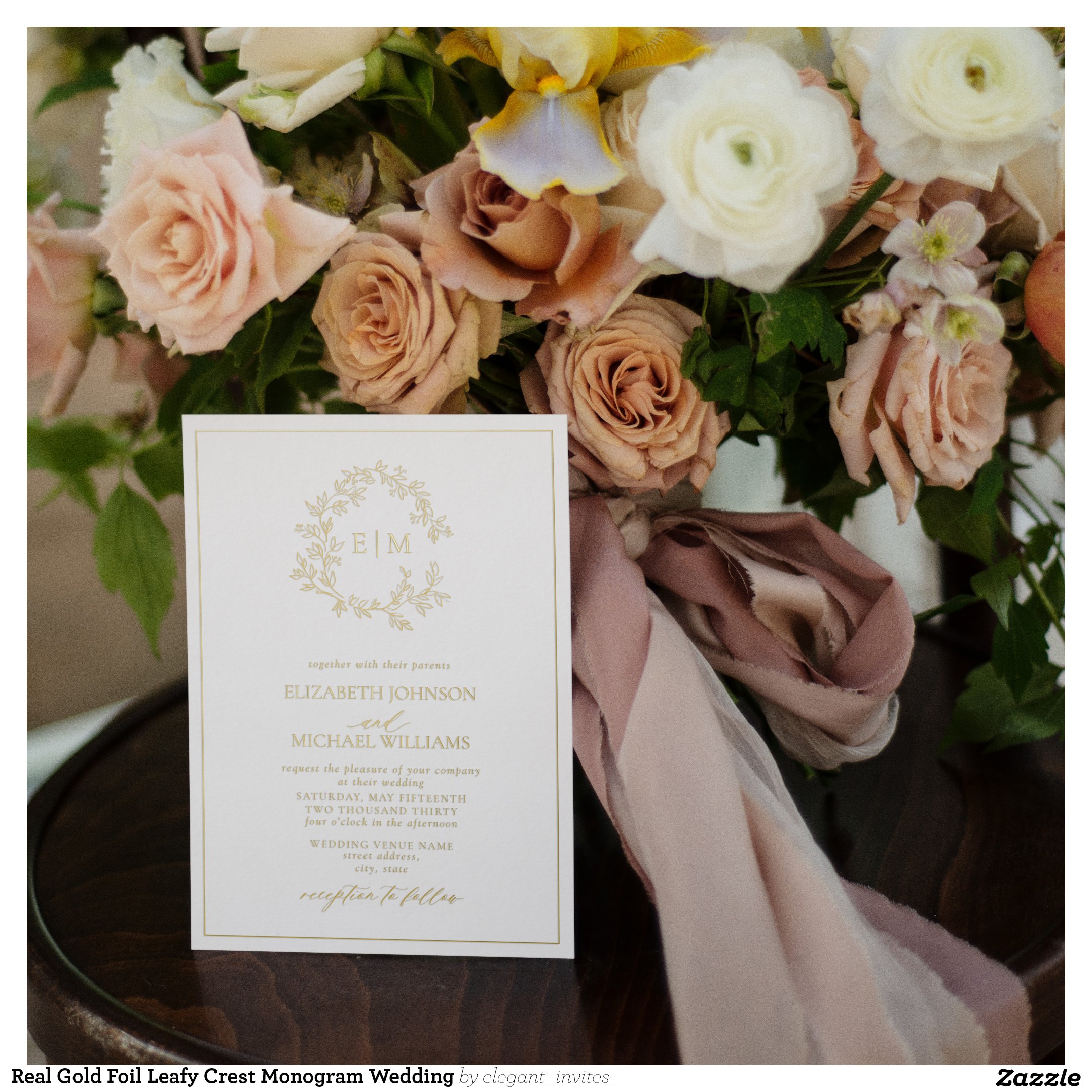 Real Gold Foil Leafy Crest Monogram Wedding Foil Invitation