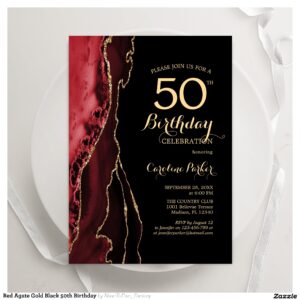 Red Agate Gold Black 50th Birthday Invitation