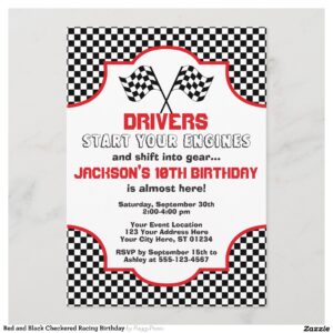 Red and Black Checkered Racing Birthday Invitation