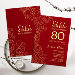 Red Gold Surprise 80th Birthday Invitation