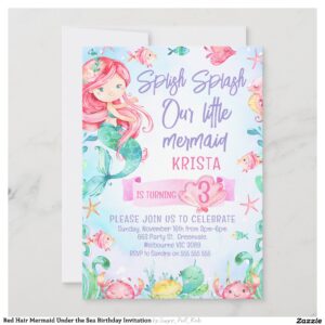 Red Hair Mermaid Under the Sea Birthday Invitation