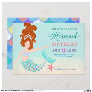 Red Head White Mermaid Birthday Party Invitation