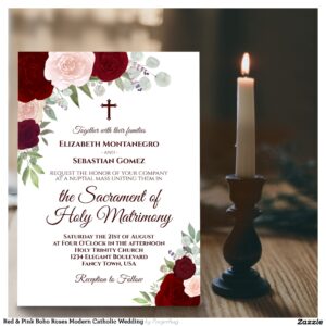 Red & Pink Boho Roses Modern Catholic Wedding Invitation