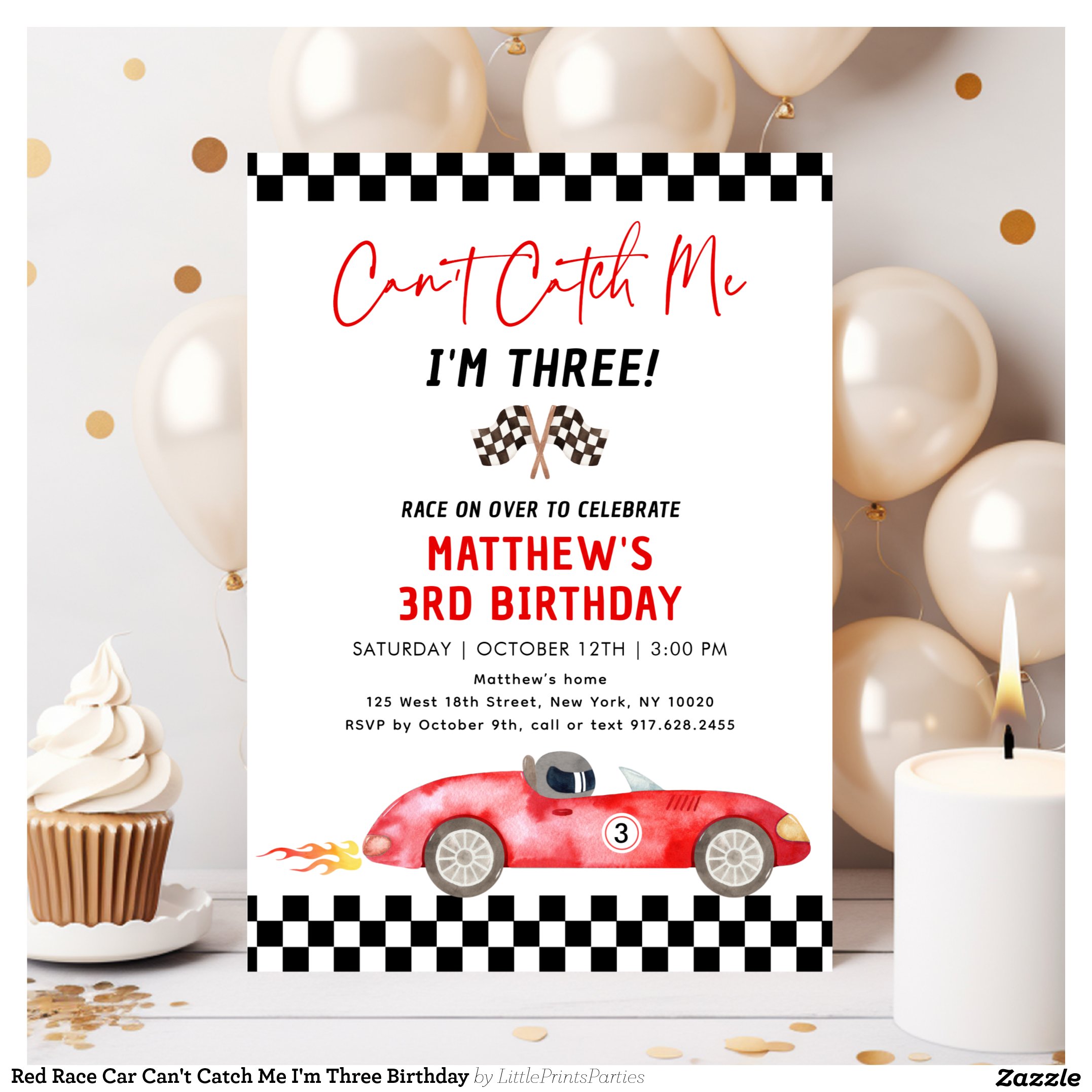 Red Race Car Can't Catch Me I'm Three Birthday Invitation