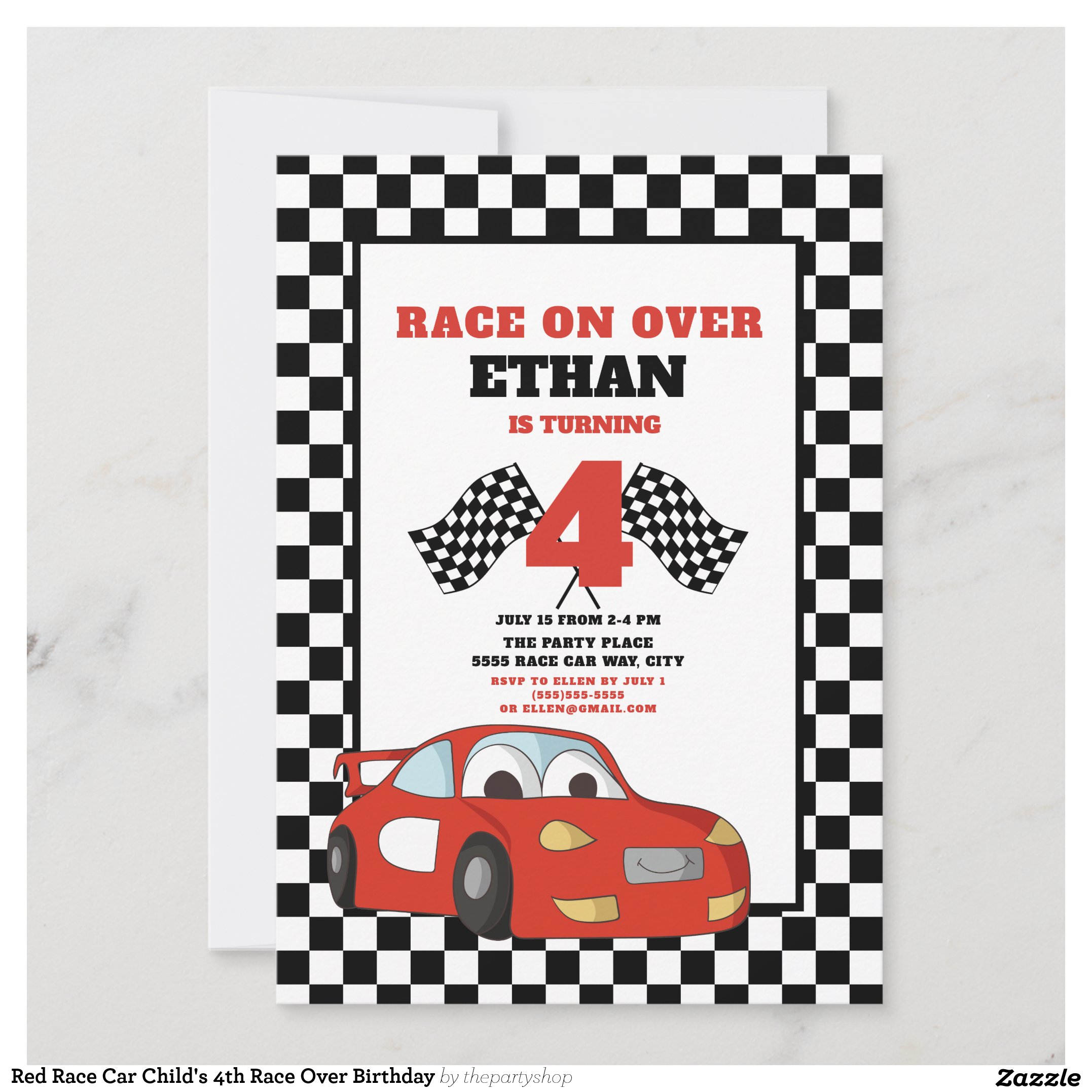 Red Race Car Child's 4th Race Over Birthday Invitation