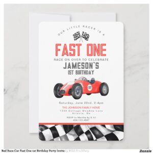 Red Race Car Fast One 1st Birthday Party Invite