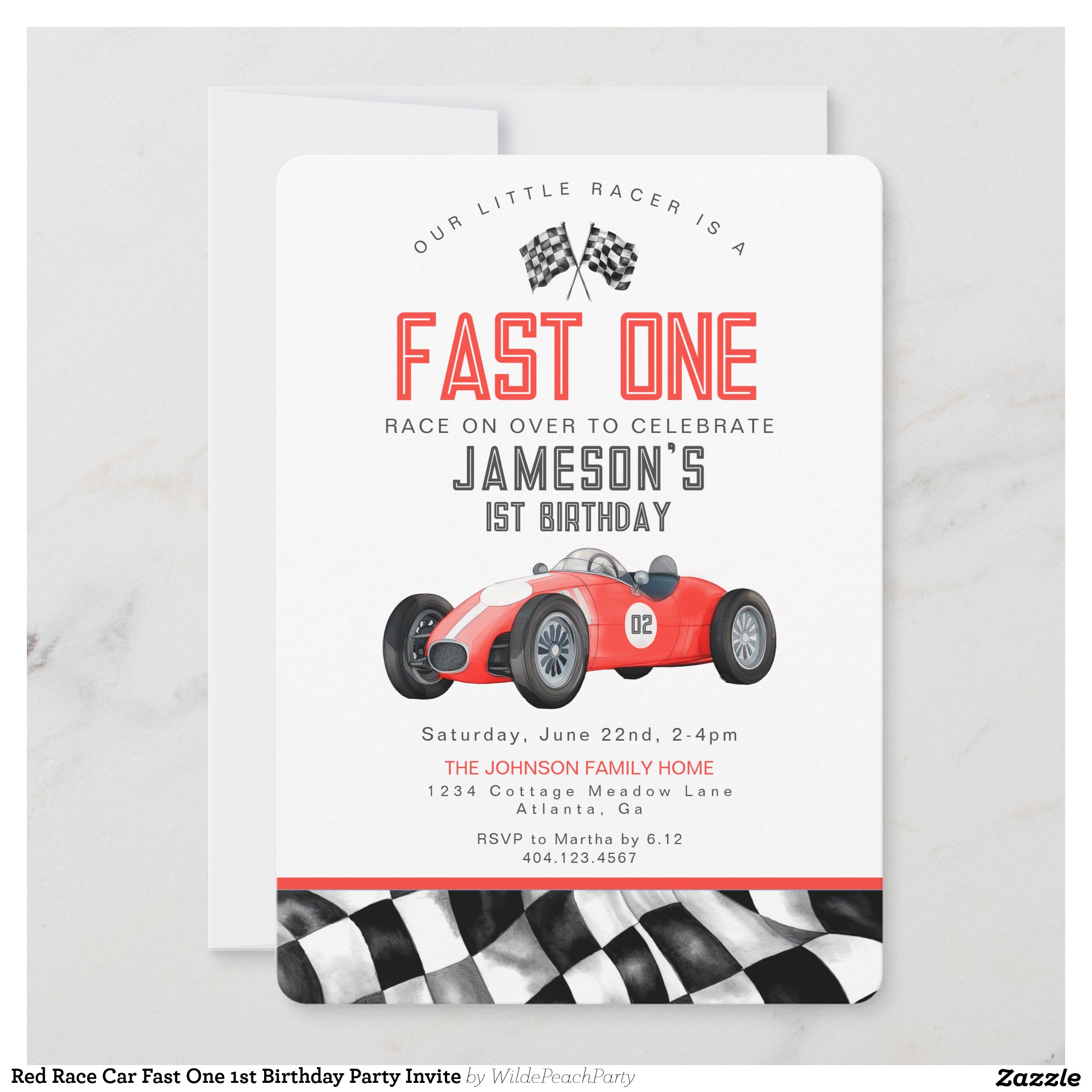 Red Race Car Fast One 1st Birthday Party Invite