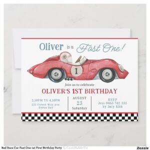 Red Race Car Fast One 1st First Birthday Party Invitation