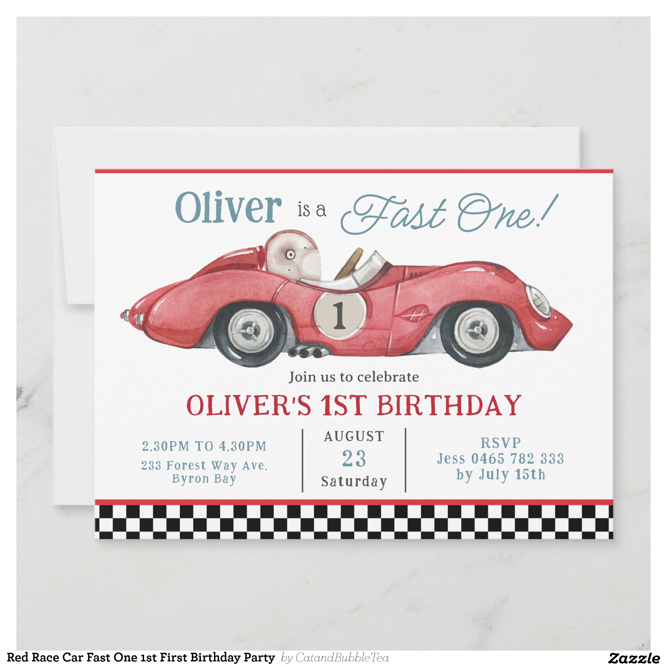 Red Race Car Fast One 1st First Birthday Party  Invitation