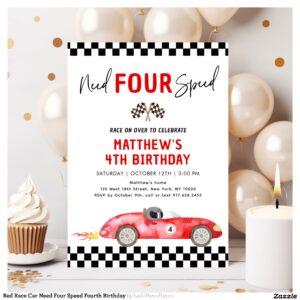Red Race Car Need Four Speed Fourth Birthday Invitation
