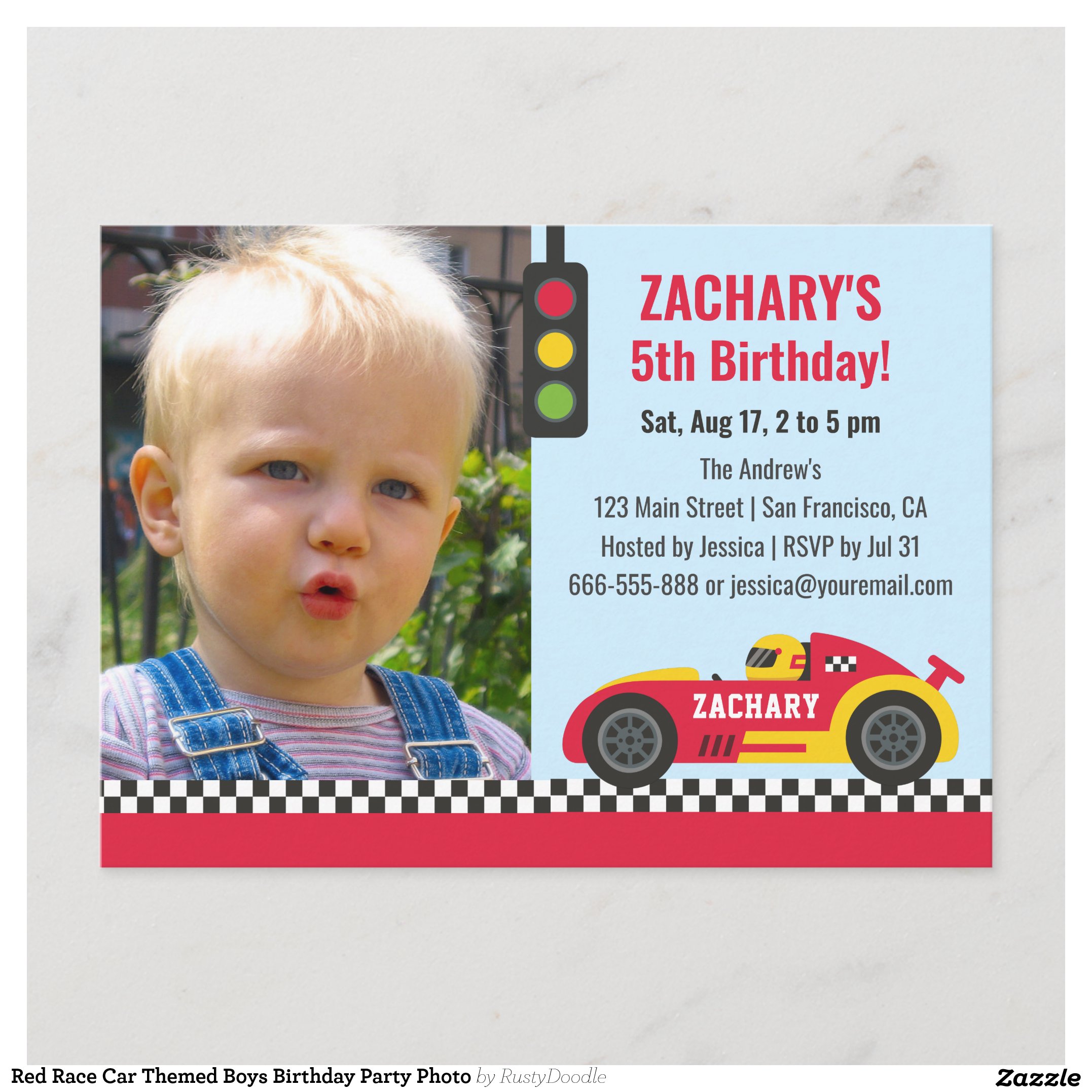 Red Race Car Themed Boys Birthday Party Photo Invitation