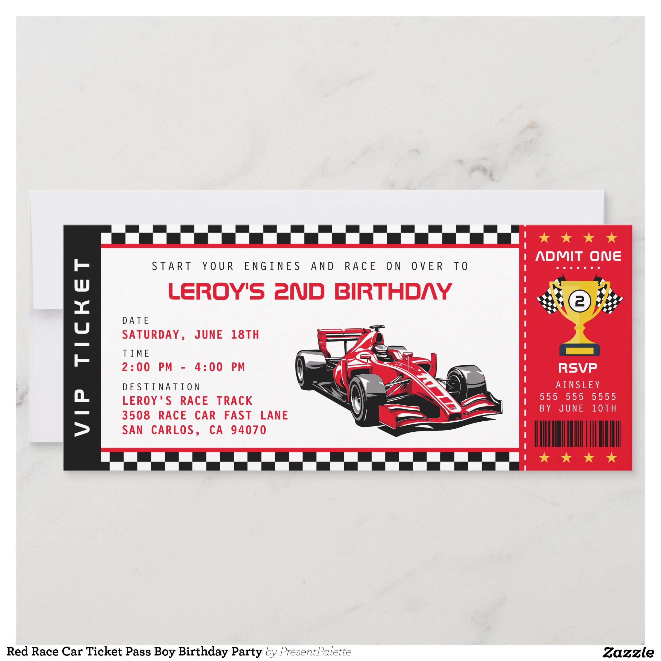 Red Race Car Ticket Pass Boy Birthday Party Invitation