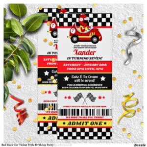 Red Race Car Ticket Style Birthday Party Invitation