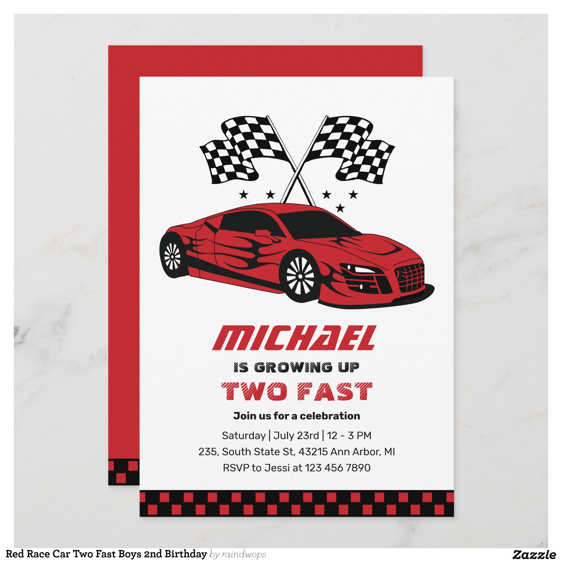 Red Race Car Two Fast Boys 2nd Birthday Invitation