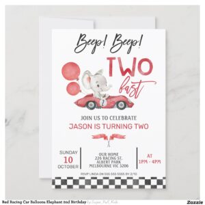 Red Racing Car Balloons Elephant 2nd Birthday Invitation