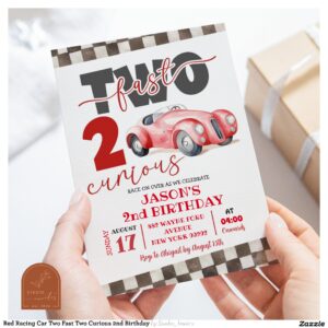 Red Racing Car Two Fast Two Curious 2nd Birthday Invitation
