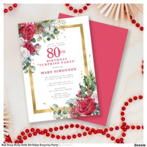 Red Rose Holly 80th Birthday Surprise Party Invitation