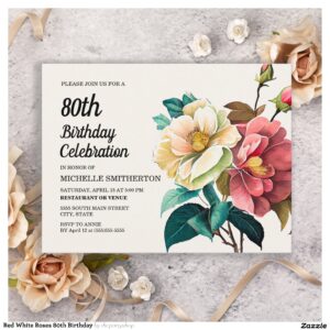 Red White Roses 80th Birthday Invitation Postcard