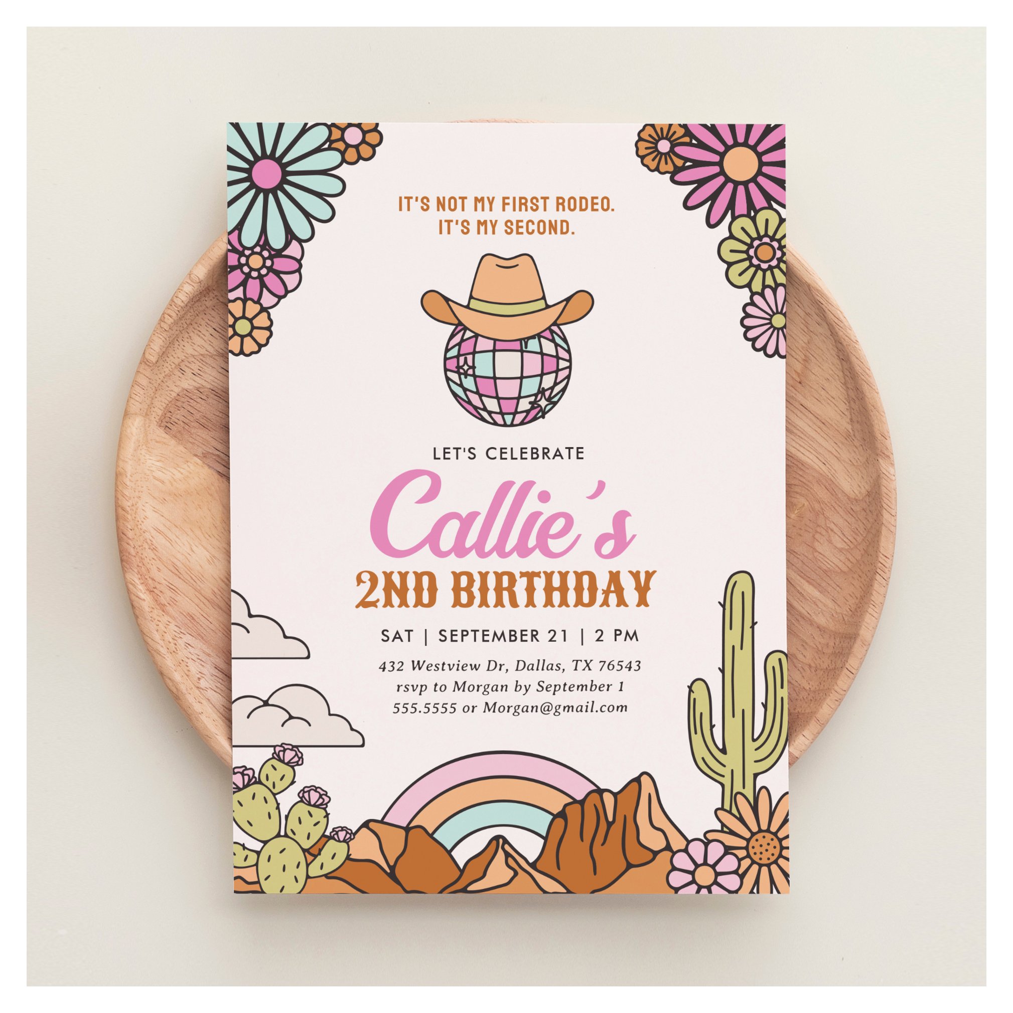 Retro 2nd Rodeo Western Girl Birthday Invitation