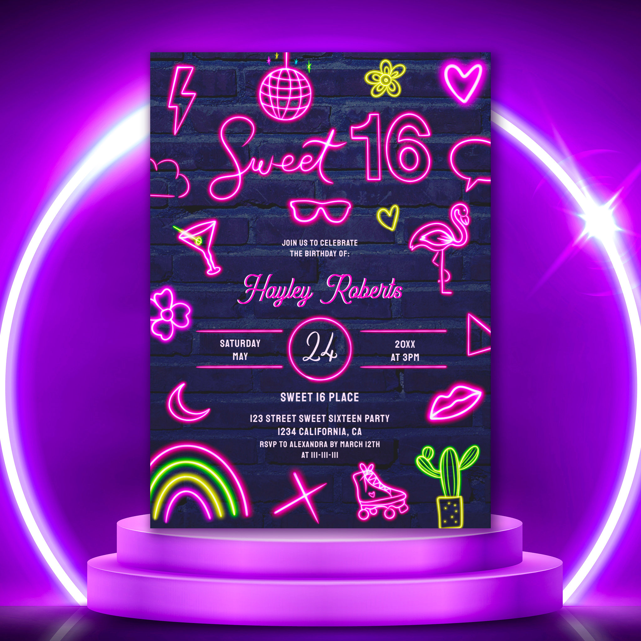 Retro 80s neon laser glow Sweet 16 navy blue brick Invitation